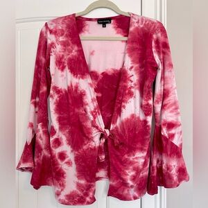 Women's Tie-Dye Pink Tie Front Top with Flared Sleeves